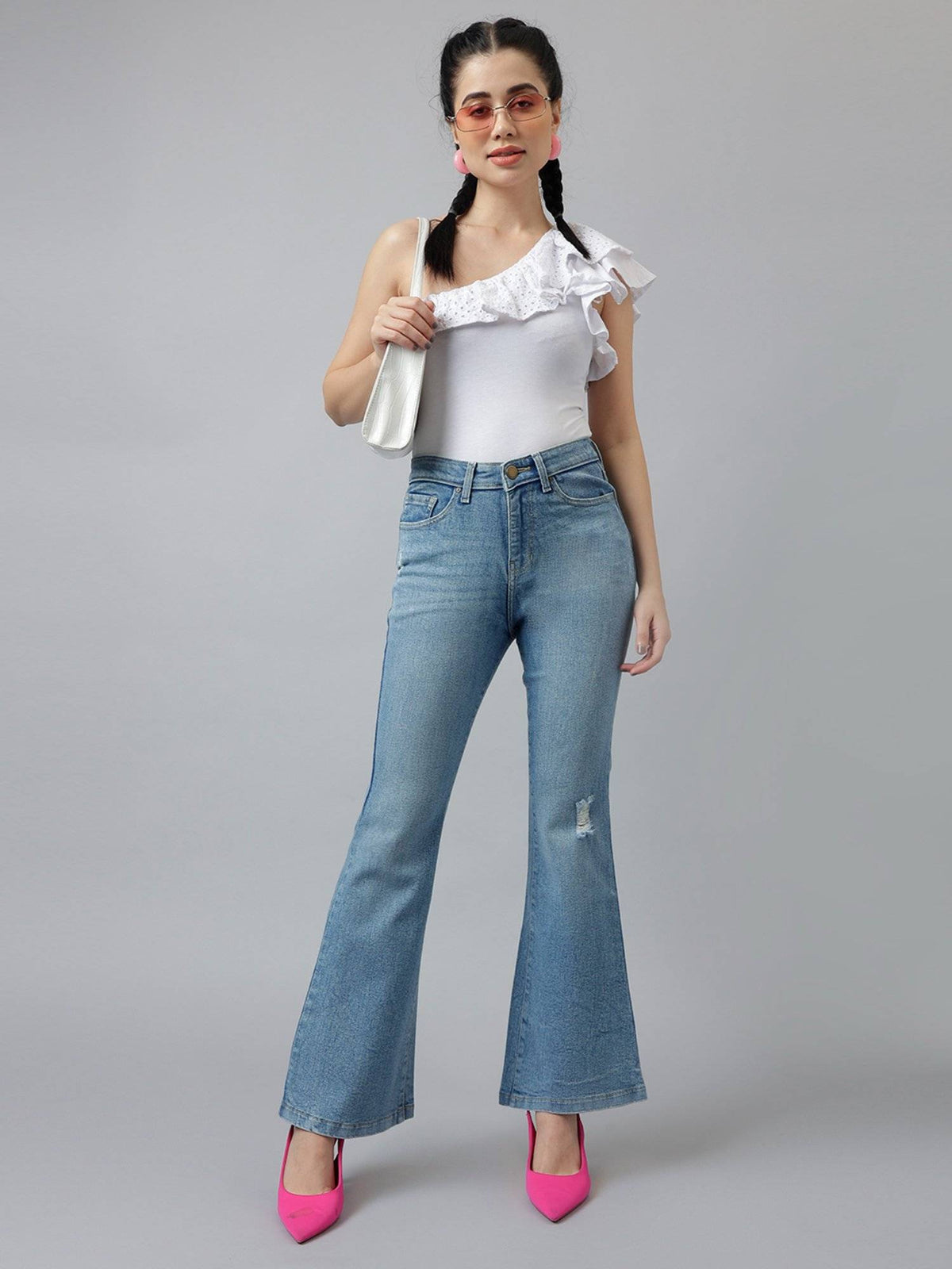 Women Blue Comfort Boot Cut High Rise Low Distressed Stretchable Jeans | BT10 - view 4