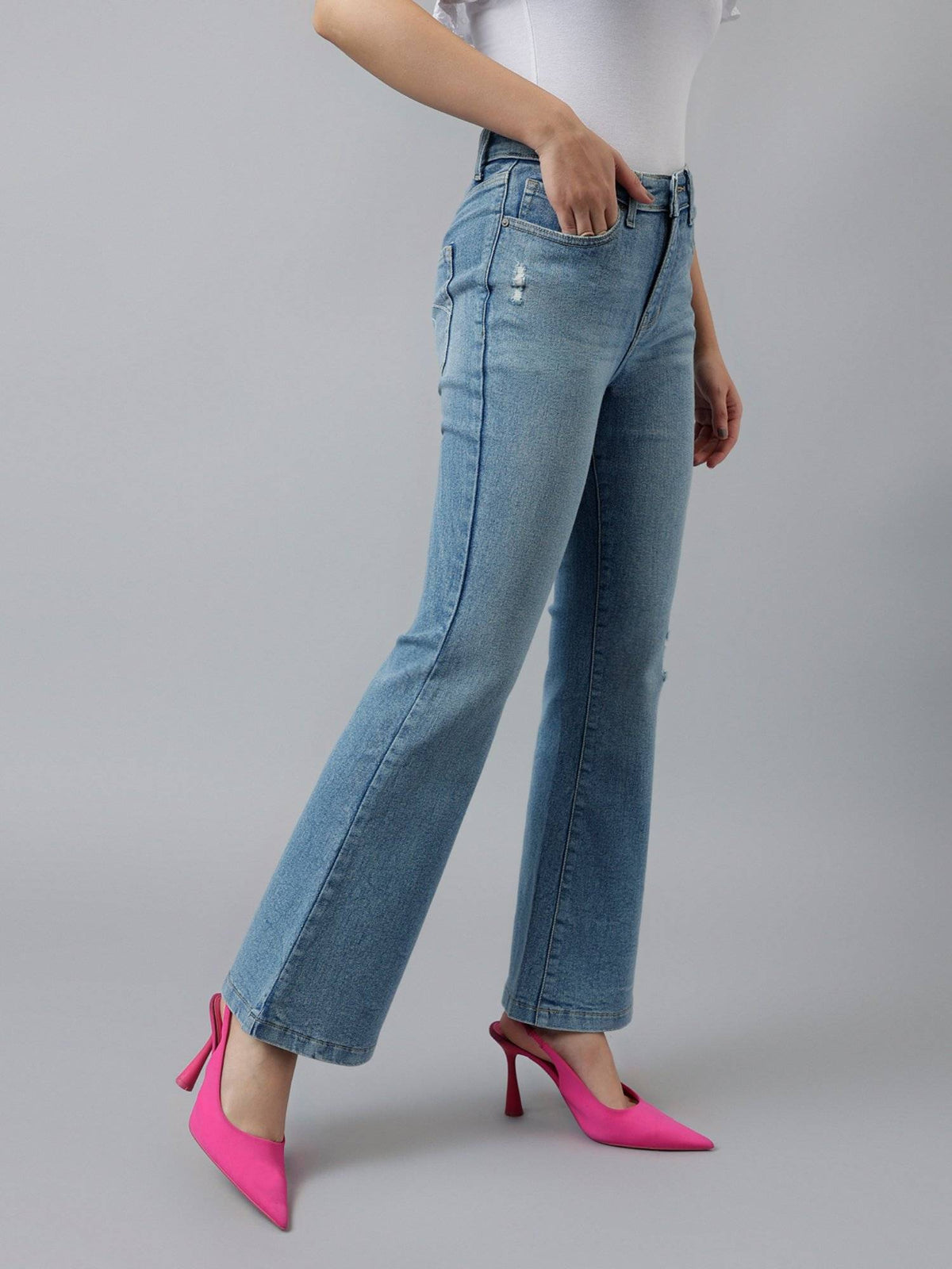Women Blue Comfort Boot Cut High Rise Low Distressed Stretchable Jeans | BT10 - view 5