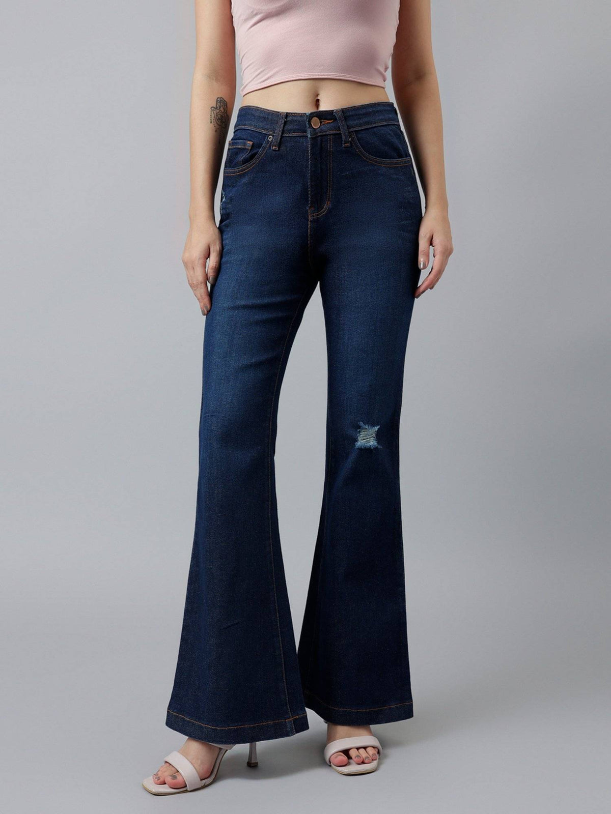 Women Blue Comfort Boot Cut High Rise Low Distressed Stretchable Jeans | BT10 - view 10