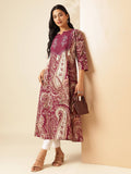 Women Wine Paisley Anarkali Cotton Stitched Kurta | FY93 - view 1