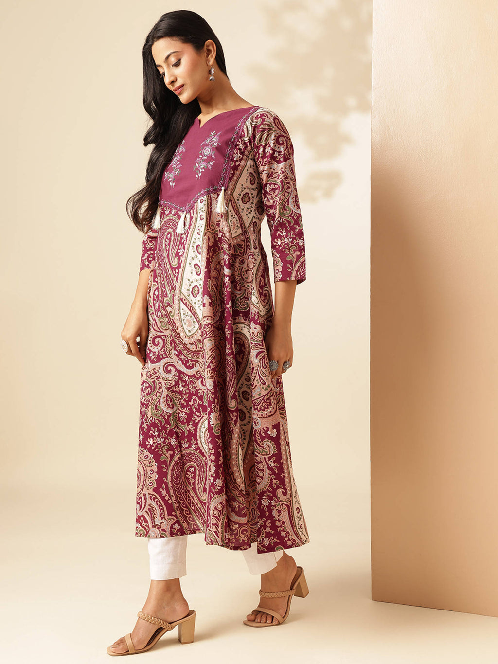 Women Wine Paisley Anarkali Cotton Stitched Kurta | KDG - view 2