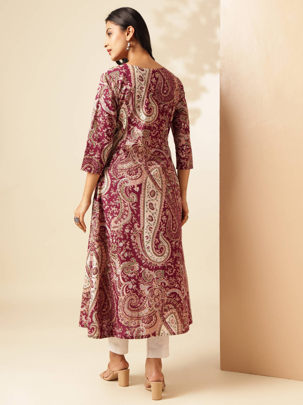 Women Wine Paisley Anarkali Cotton Stitched Kurta | KDG - view 3