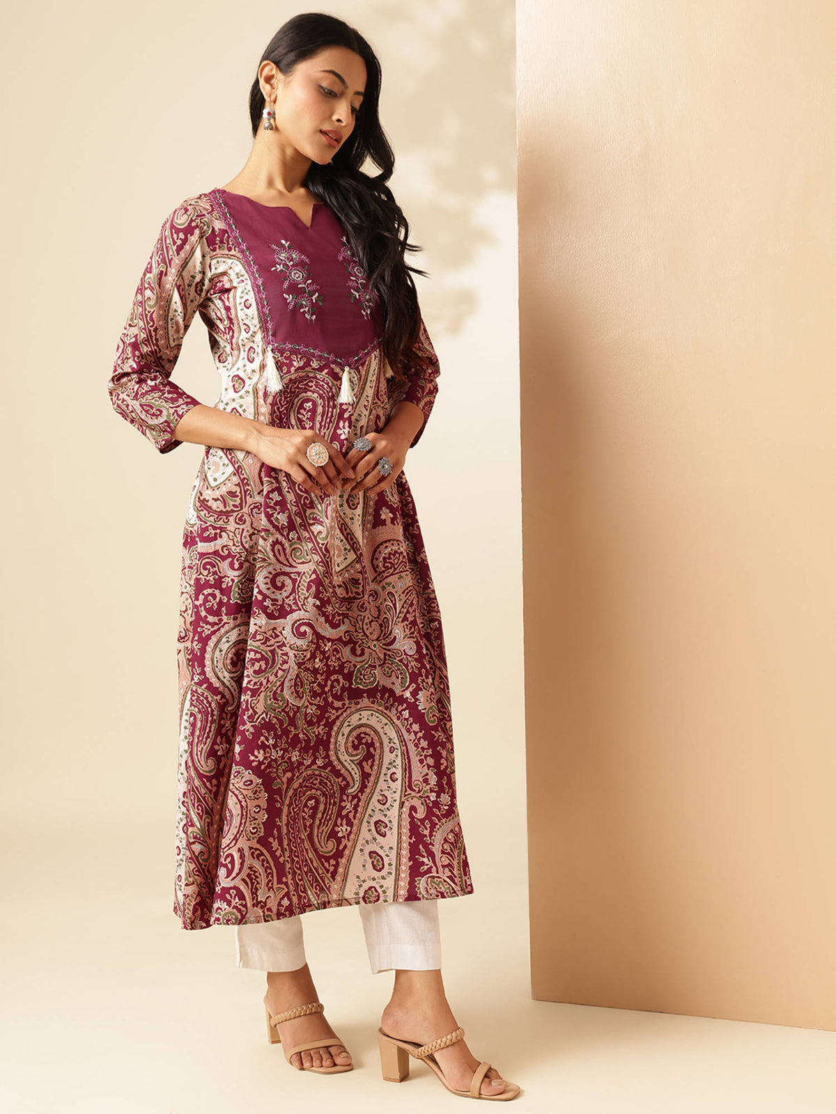 Women Wine Paisley Anarkali Cotton Stitched Kurta | KDG - view 4