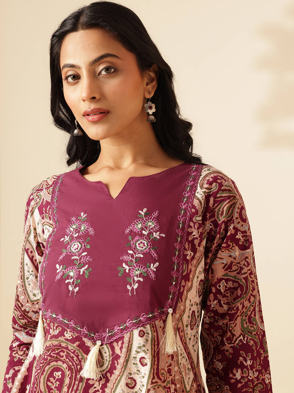 Women Wine Paisley Anarkali Cotton Stitched Kurta | KDG - view 5