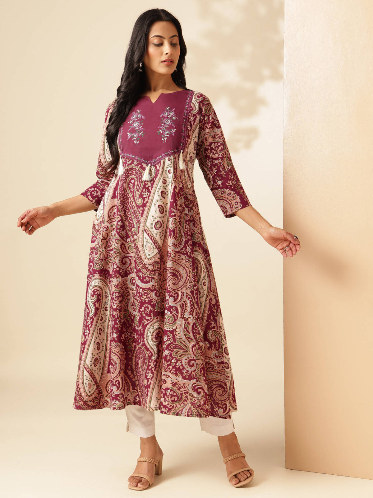 Women Wine Paisley Anarkali Cotton Stitched Kurta | FY93 - view 6