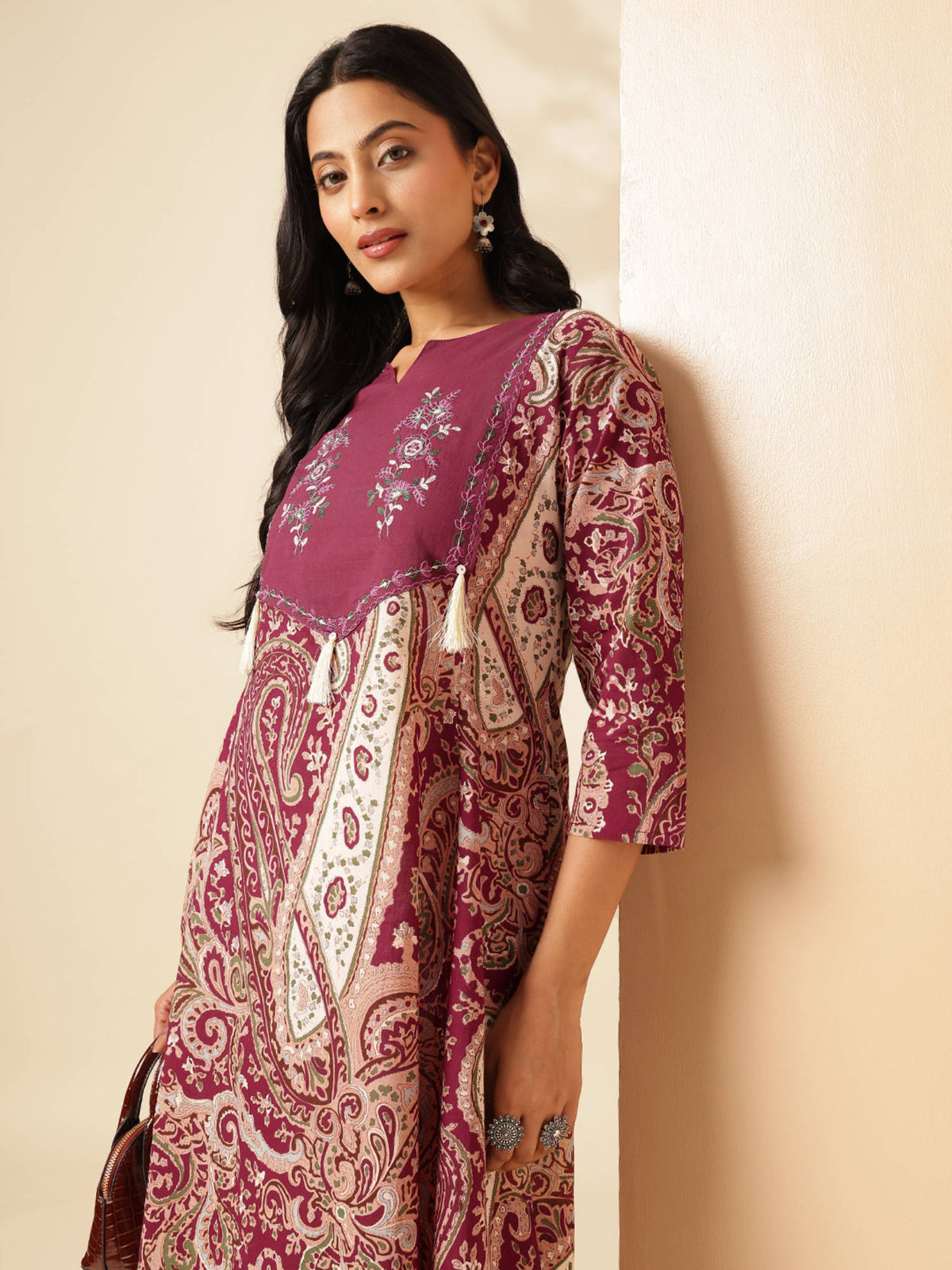 Women Wine Paisley Anarkali Cotton Stitched Kurta | FY93 - view 7
