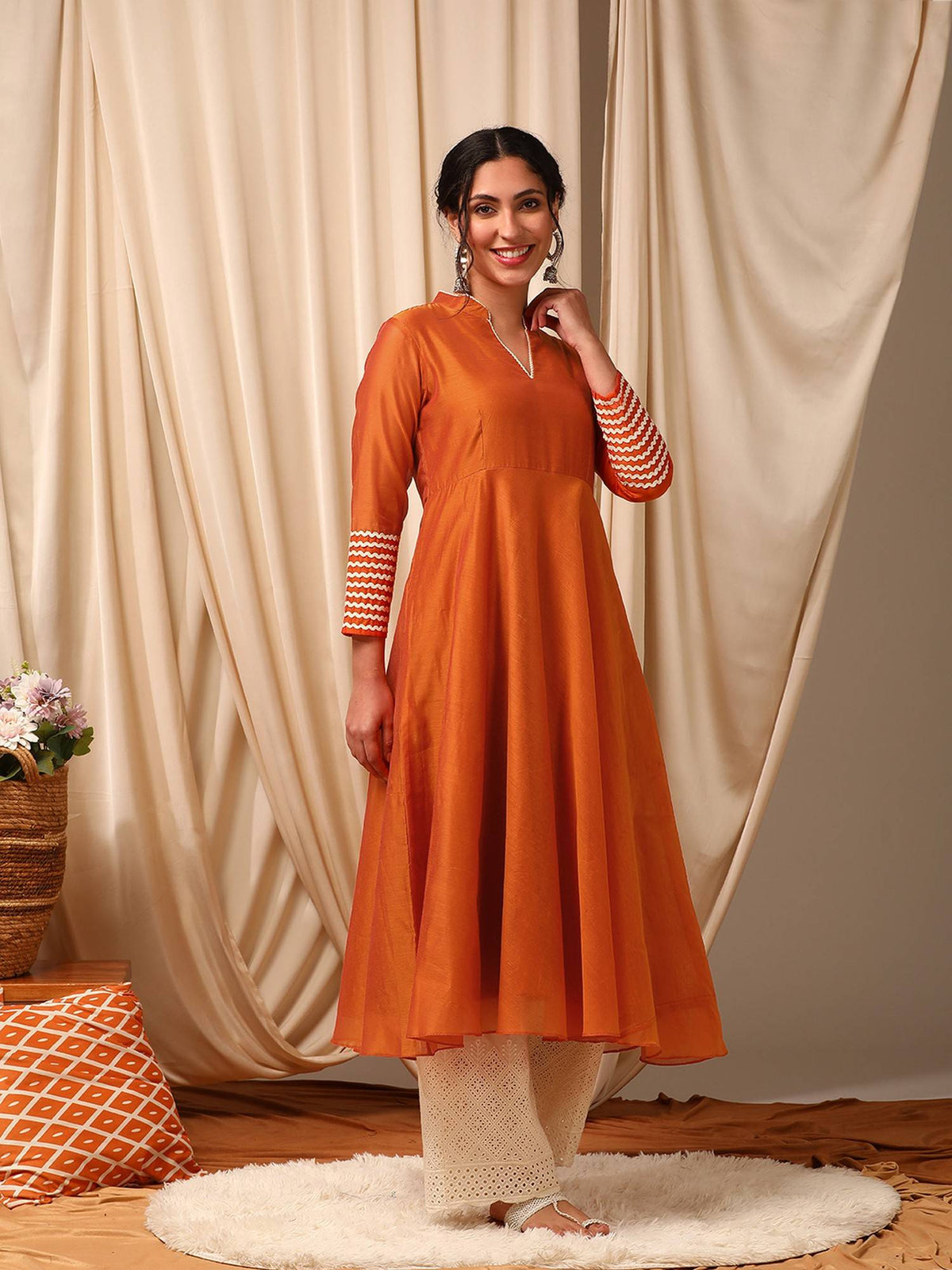 Solid Gotta Detailed A-Line Rust Kurta | FY93 - view 3