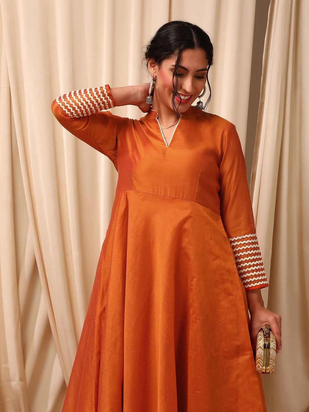 Solid Gotta Detailed A-Line Rust Kurta | FY93 - view 5