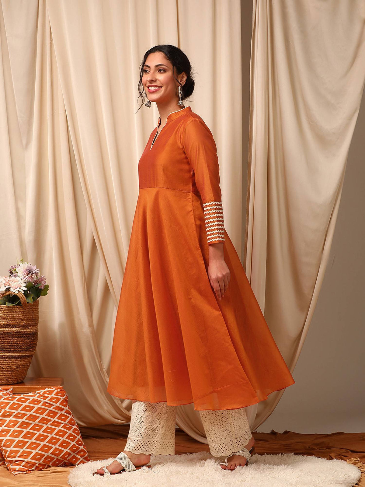 Solid Gotta Detailed A-Line Rust Kurta | KDG - view 6