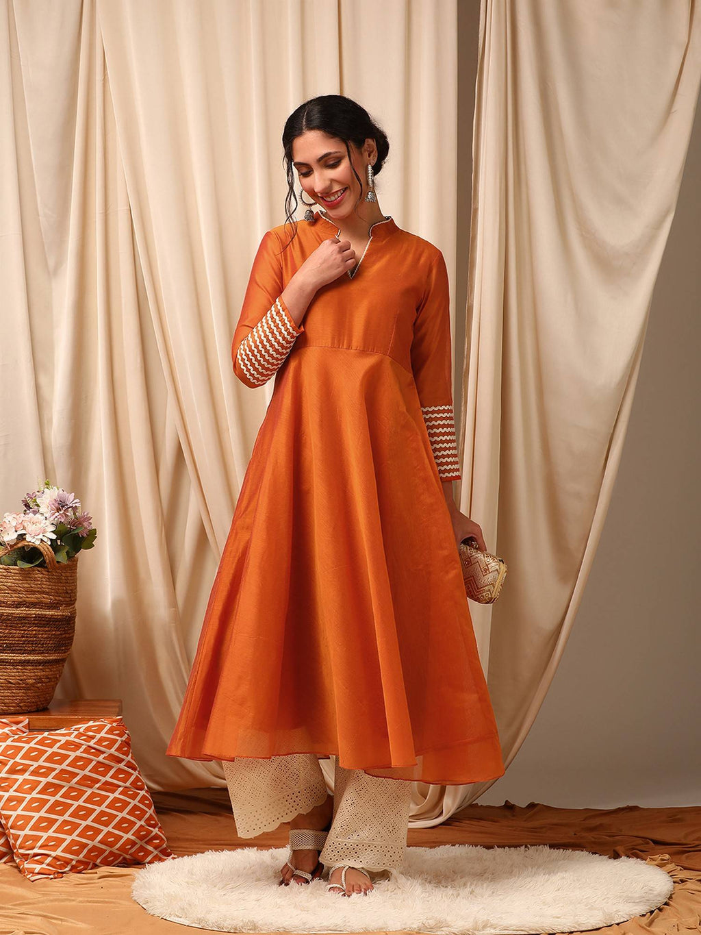 Solid Gotta Detailed A-Line Rust Kurta | KDG - view 7