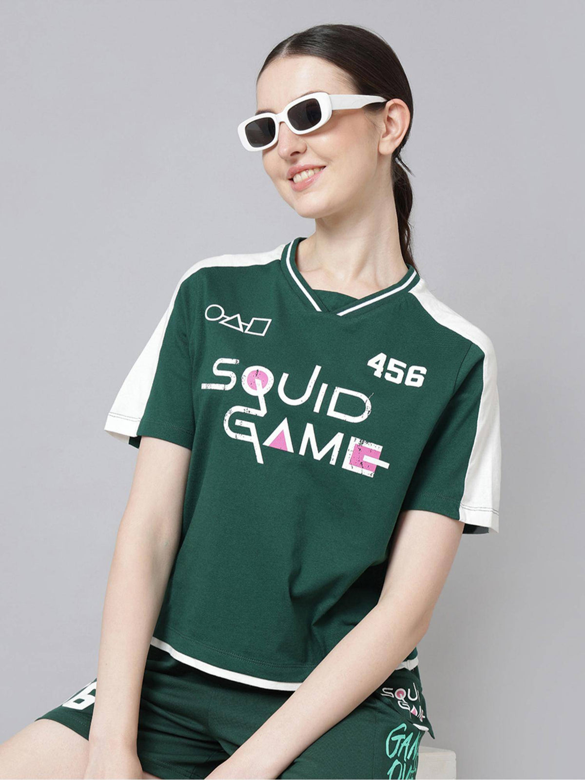 Official Squid Game Women Half Sleeves V-Neck Graphic Printed Loose T-Shirt | TS56 - view 1