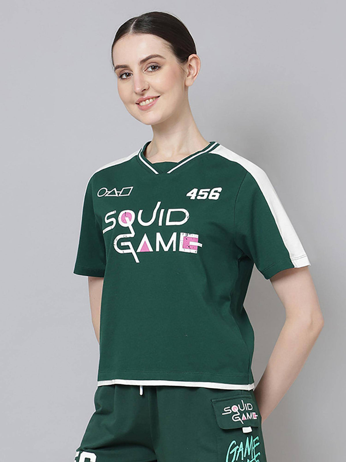 Official Squid Game Women Half Sleeves V-Neck Graphic Printed Loose T-Shirt | TS56 - view 4