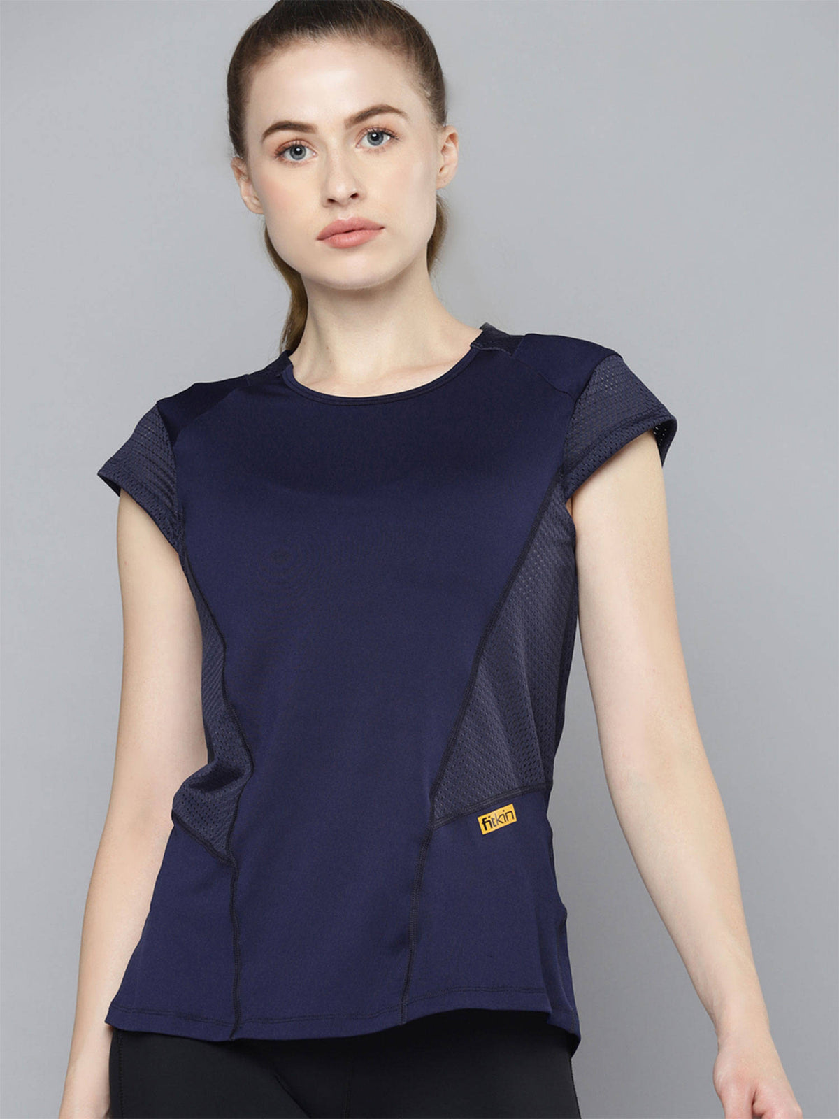 Women Navy Blue Self Design Relaxed Fit Sports T-shirt | TT89 - view 1