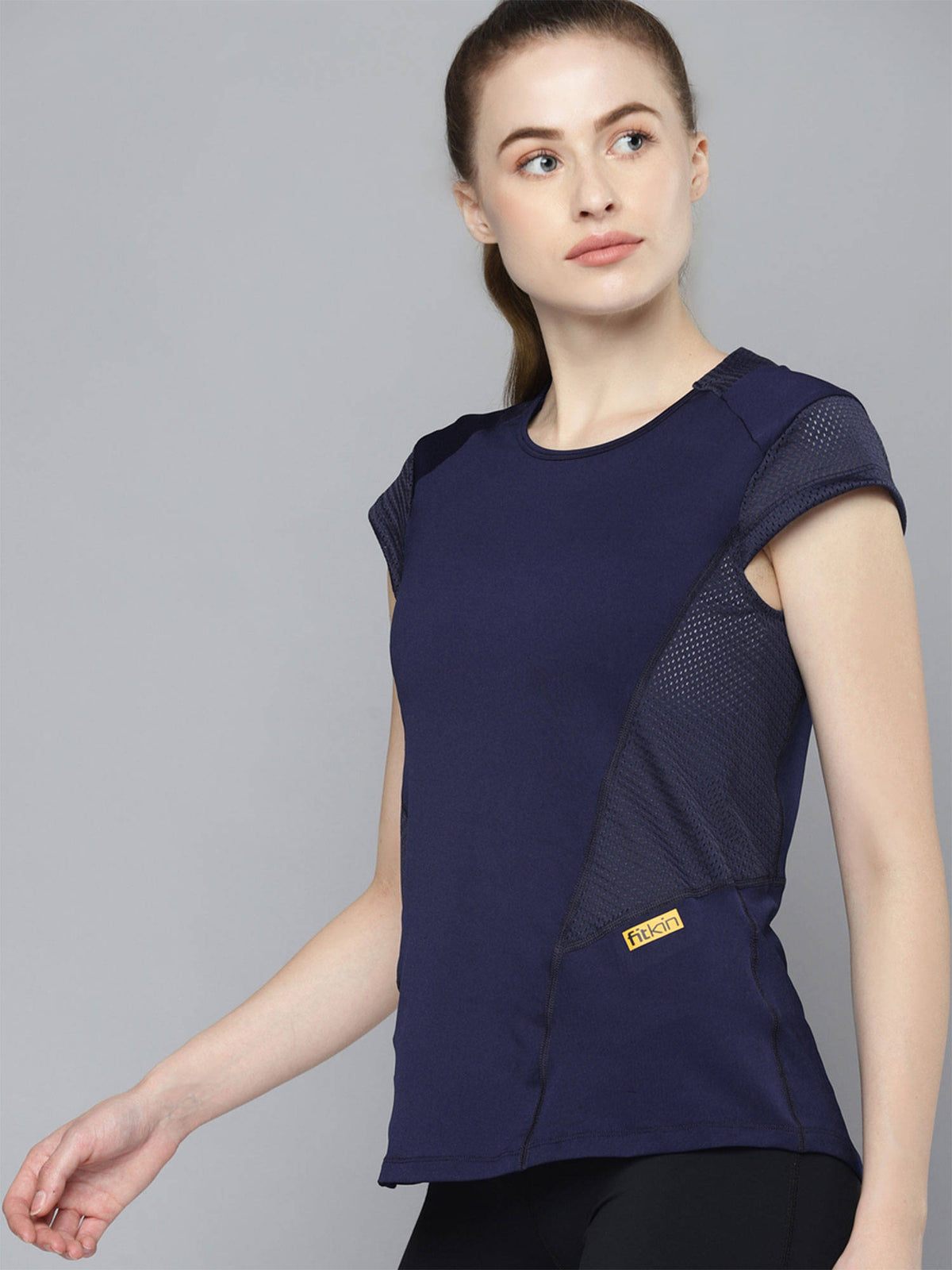 Women Navy Blue Self Design Relaxed Fit Sports T-shirt | TT89 - view 3