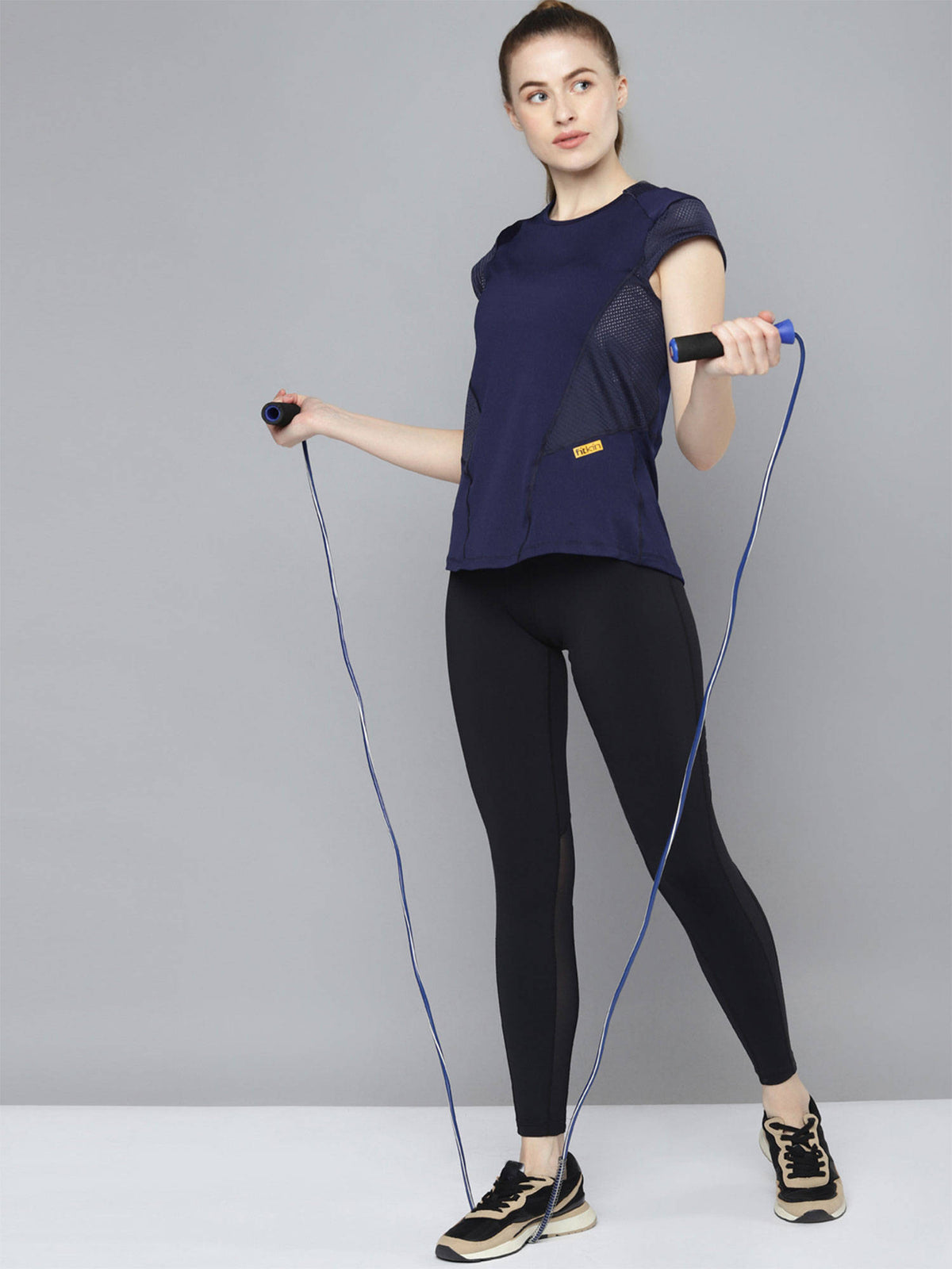 Women Navy Blue Self Design Relaxed Fit Sports T-shirt | TT89 - view 4