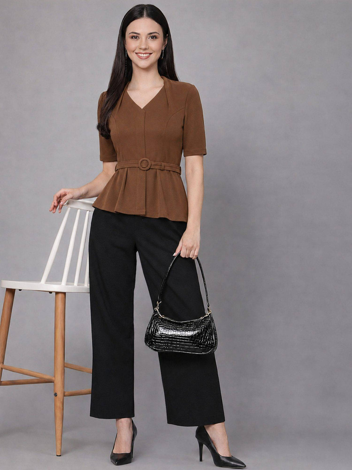 Women Brown Formal Top with Belt | pt51 - view 5