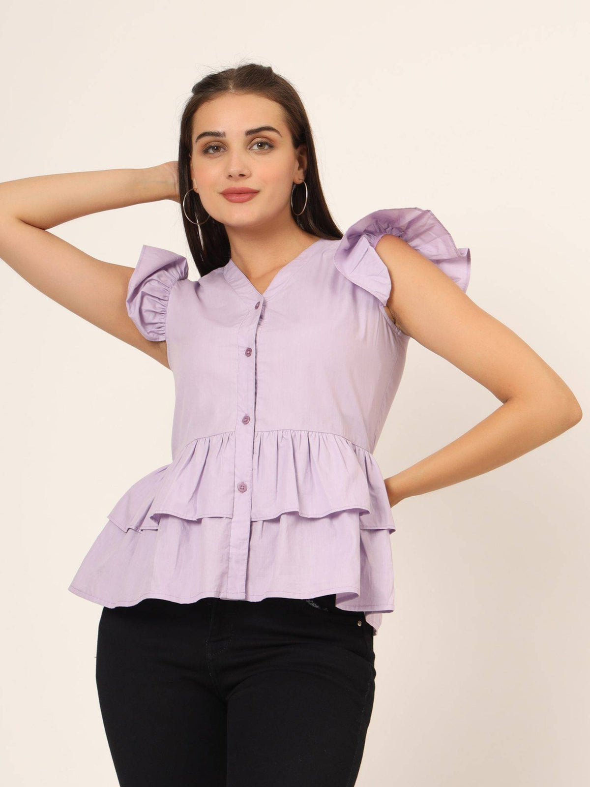 Flutter Sleeve Ruffles Cotton Peplum Top | pt51 - view 1