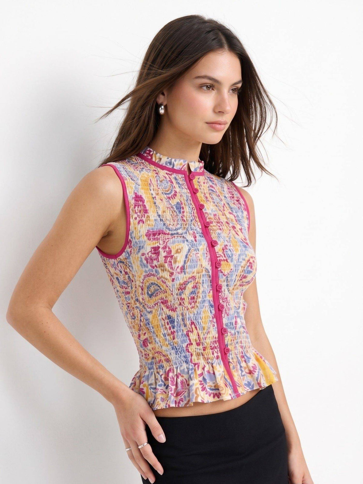 Multicolor Button Down Abstract Printed Peplum Top | pt51 - view 3