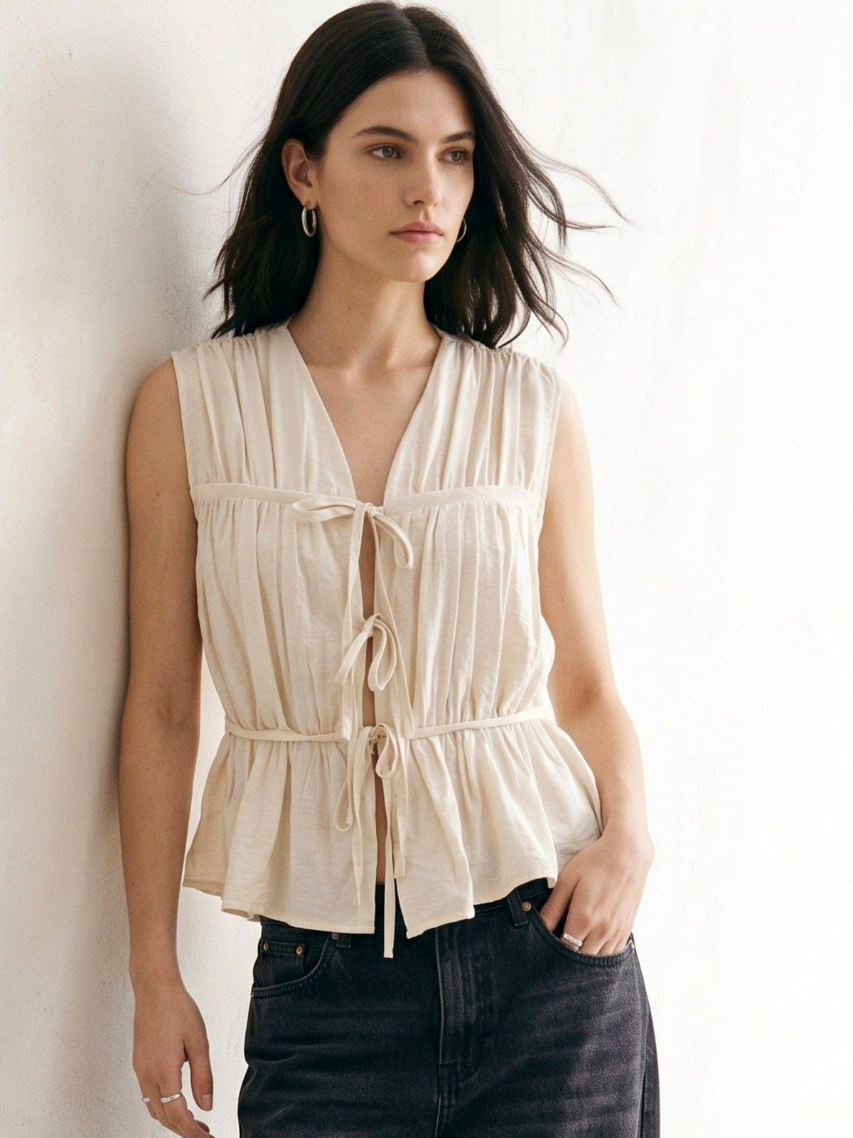 Beige Sleeveless Tie Up Top | pt51 - view 1