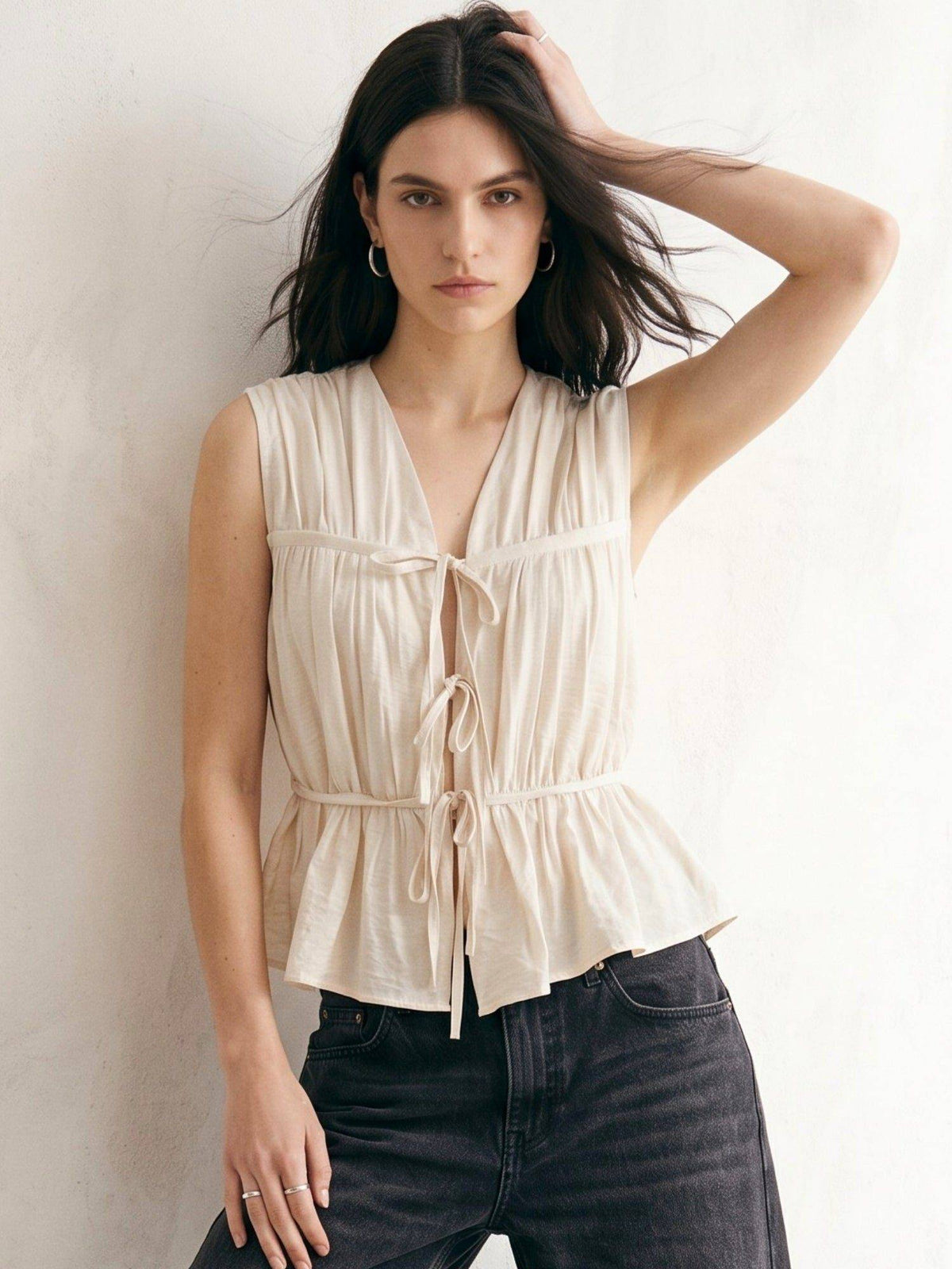 Beige Sleeveless Tie Up Top | pt51 - view 3
