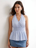Blue Allover Embroidered Backsleeves Peplum Top | HT67 - view 1