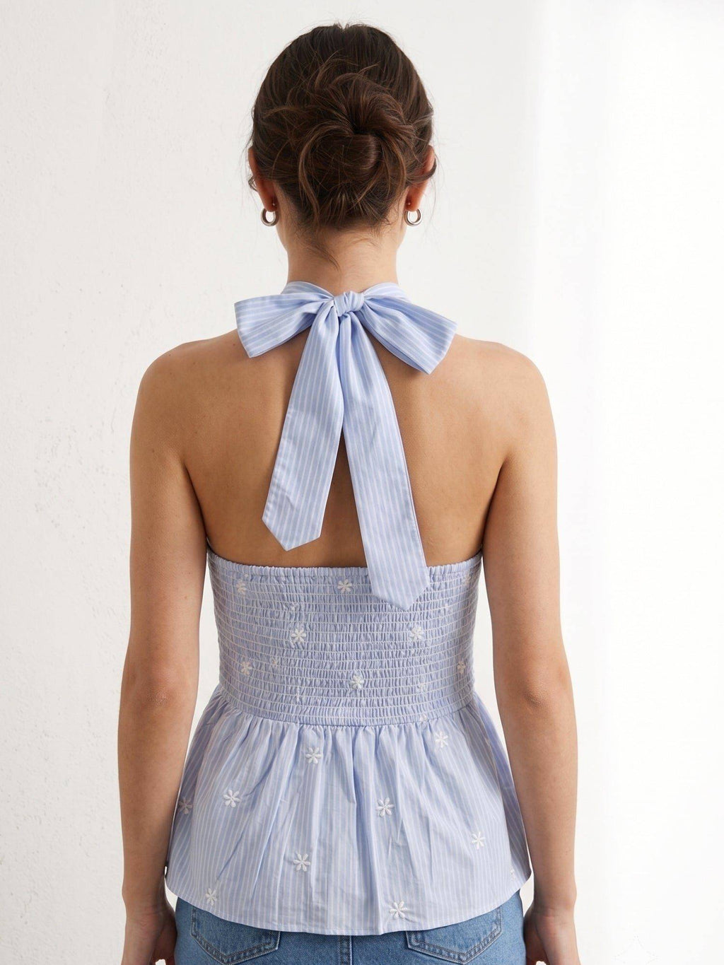 Blue Allover Embroidered Backsleeves Peplum Top | HT67 - view 6