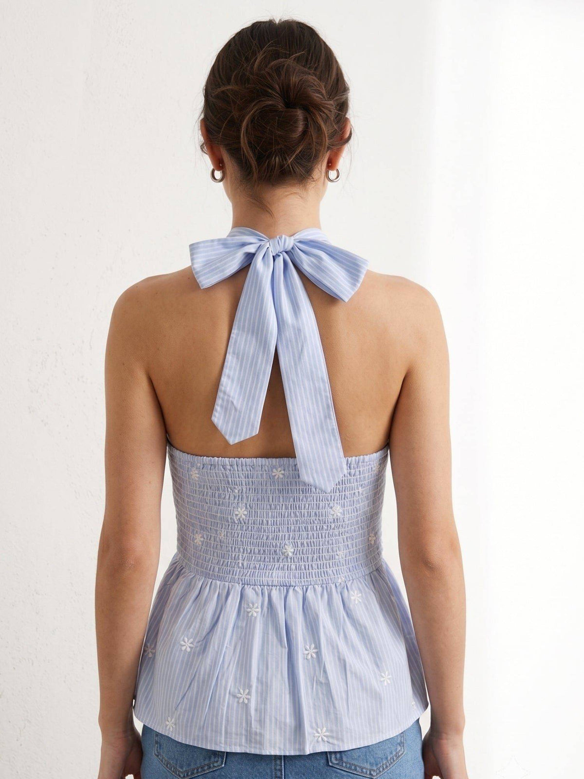 Blue Allover Embroidered Backsleeves Peplum Top | HT67 - view 6