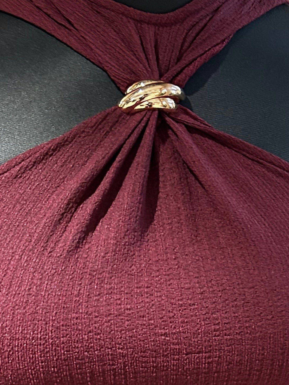 Wine Halter Neck Metal Buckle Fitted Crop Top | CT61 - view 5