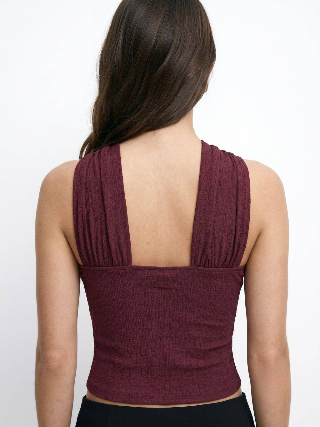 Wine Halter Neck Metal Buckle Fitted Crop Top | CT61 - view 6
