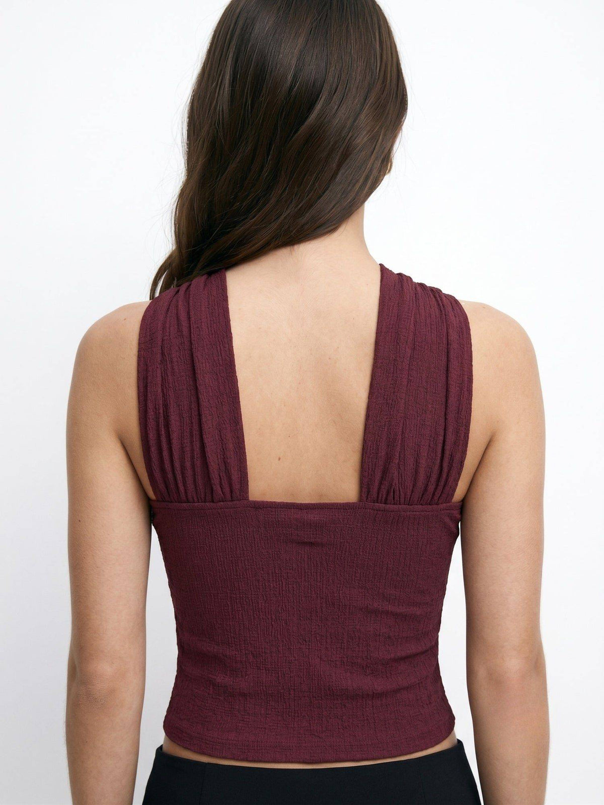 Wine Halter Neck Metal Buckle Fitted Crop Top | CT61 - view 6