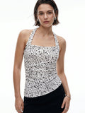 White Dalmation Print Asymmetrical Hem Halter Top | HT67 - view 1