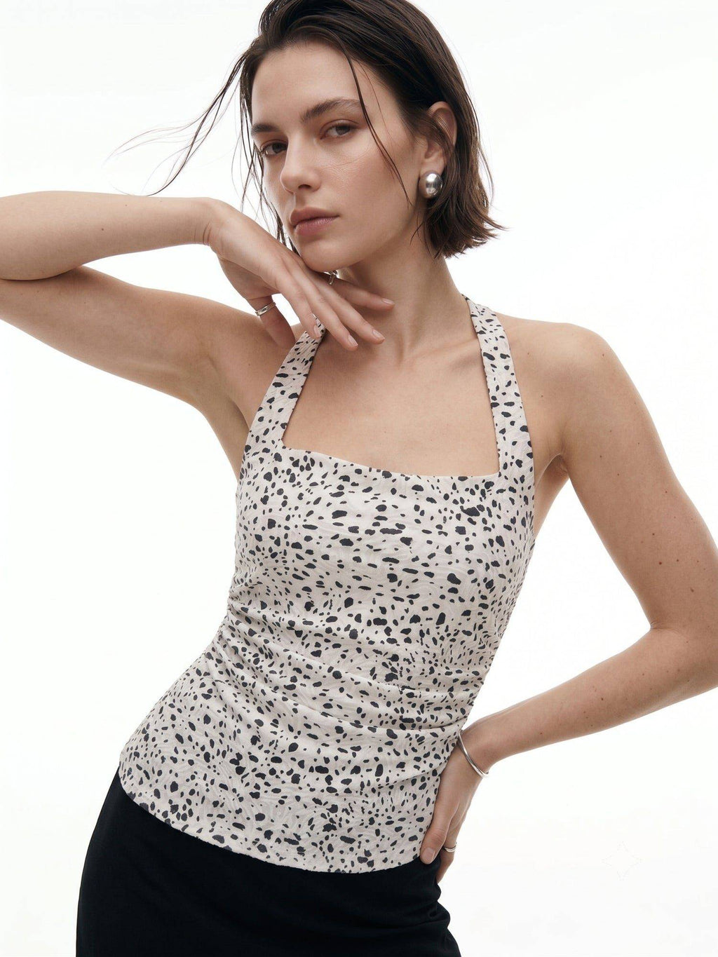 White Dalmation Print Asymmetrical Hem Halter Top | HT67 - view 4