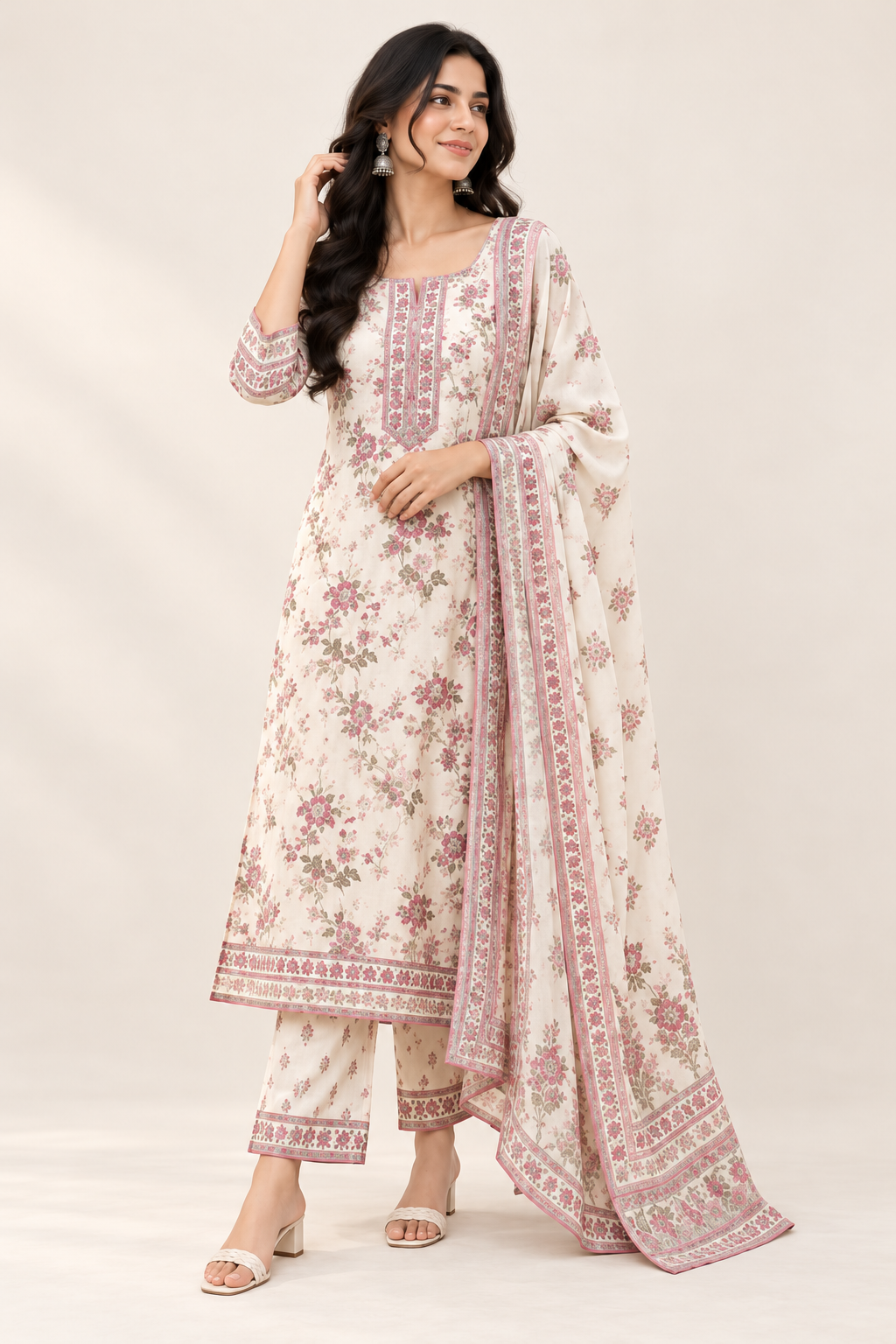 Ivory Floral Kurta Set with Printed Dupatta
