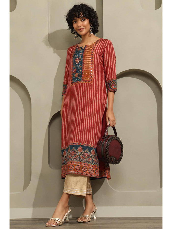 Women Red Stripes Muslin Kurta | FY93 - view 1