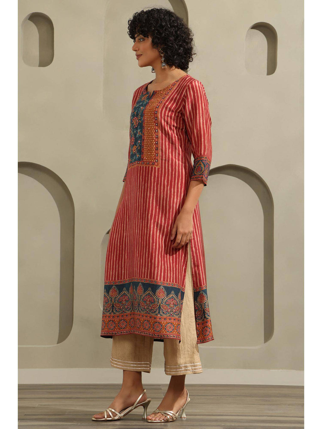 Women Red Stripes Muslin Kurta | FY93 - view 2