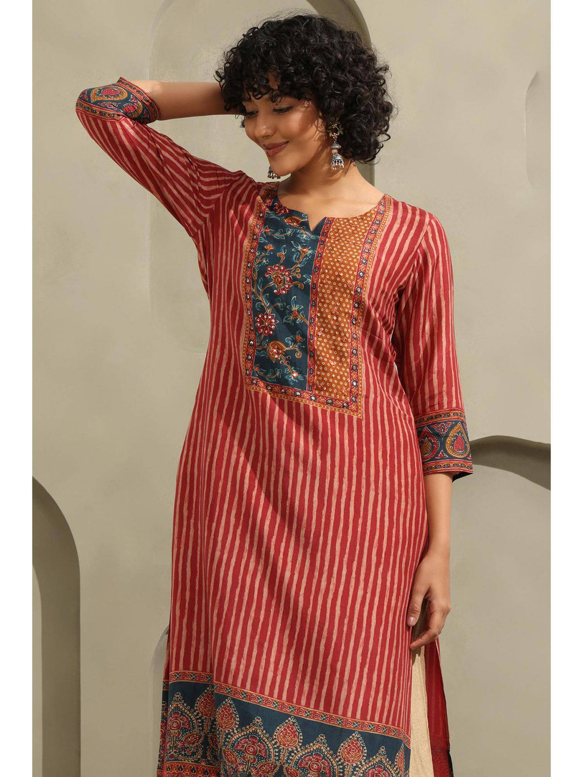 Women Red Stripes Muslin Kurta | FY93 - view 5