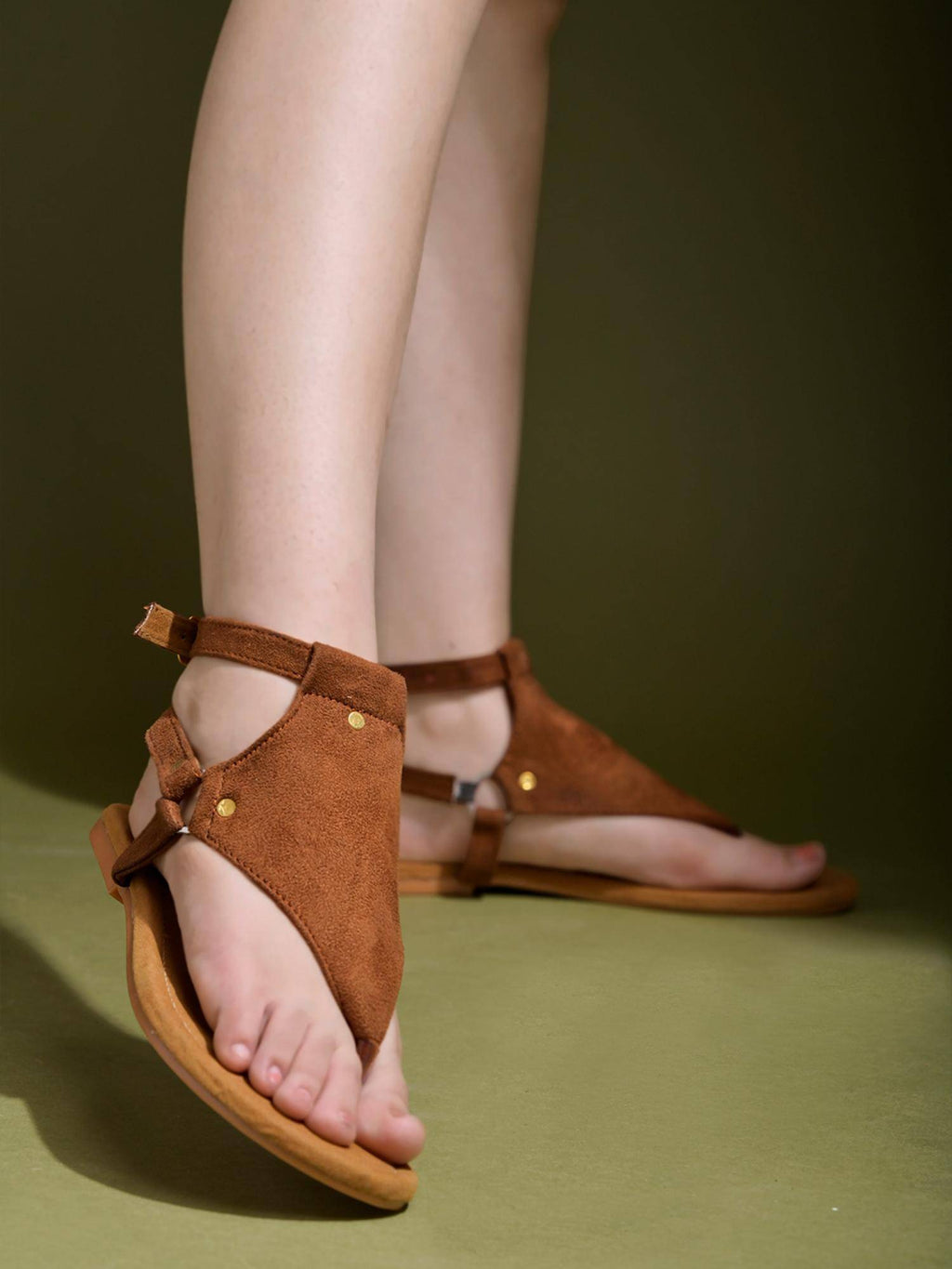 Stylish Ankle Strap Tan Flat Sandals for Women | SD89 - view 2