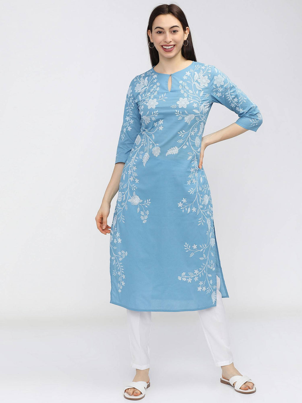 Women Blue Floral Printed Keyhole Neck Kurta | KDG - view 1