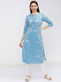 Women Blue Floral Printed Keyhole Neck Kurta | KDG - view 1