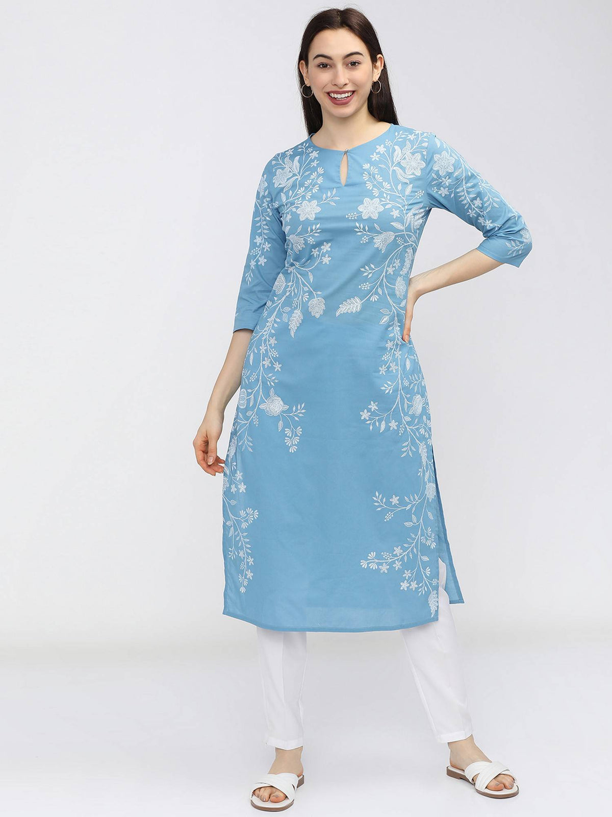 Women Blue Floral Printed Keyhole Neck Kurta | KDG - view 1