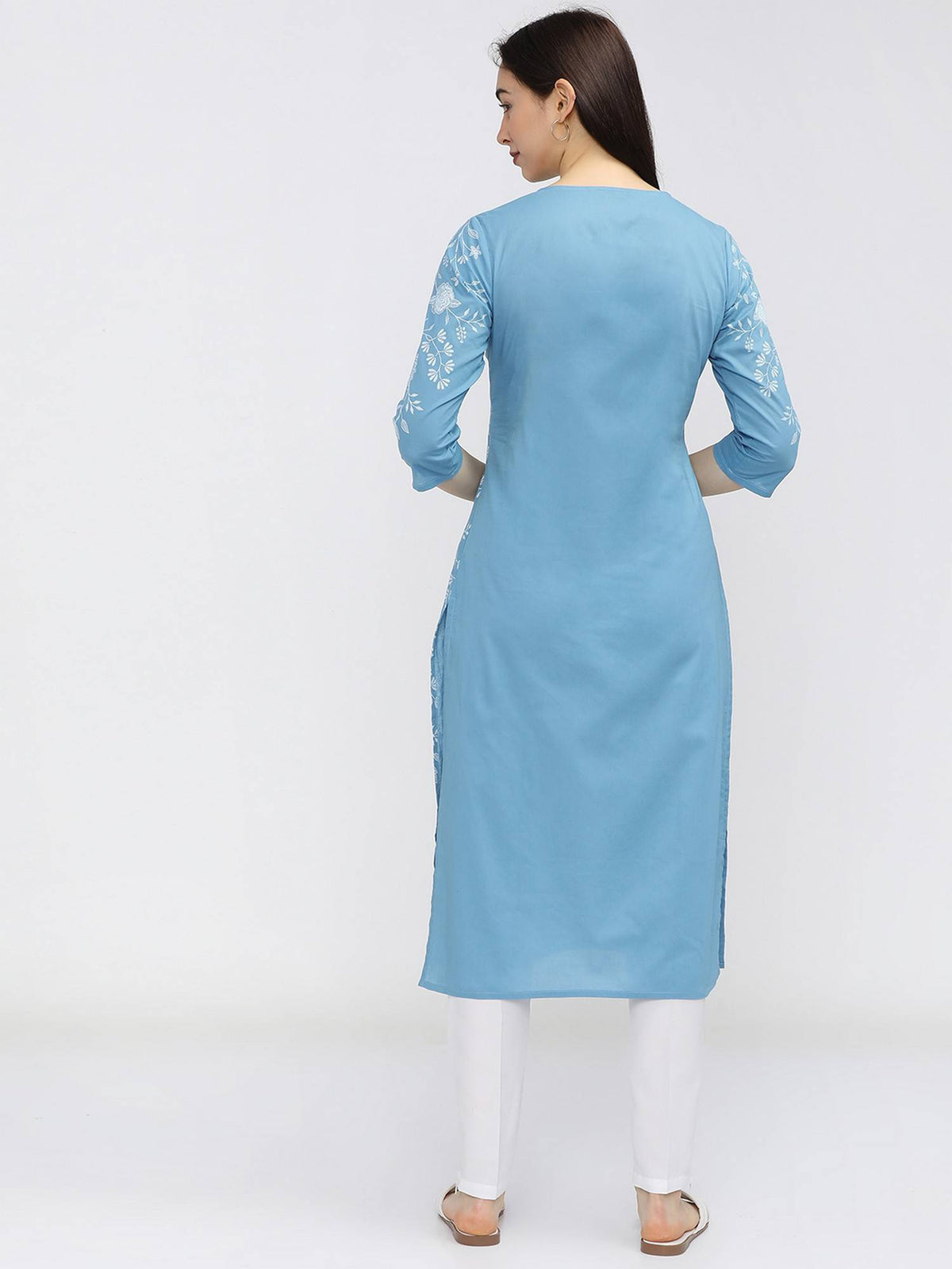 Women Blue Floral Printed Keyhole Neck Kurta | FY93 - view 2
