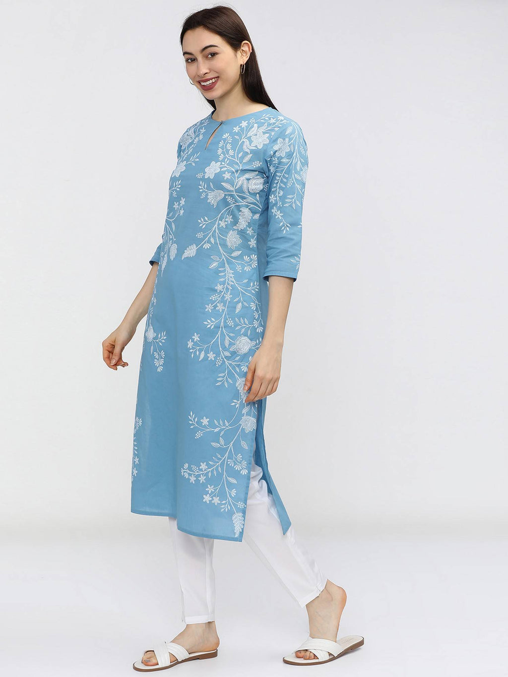 Women Blue Floral Printed Keyhole Neck Kurta | KDG - view 3