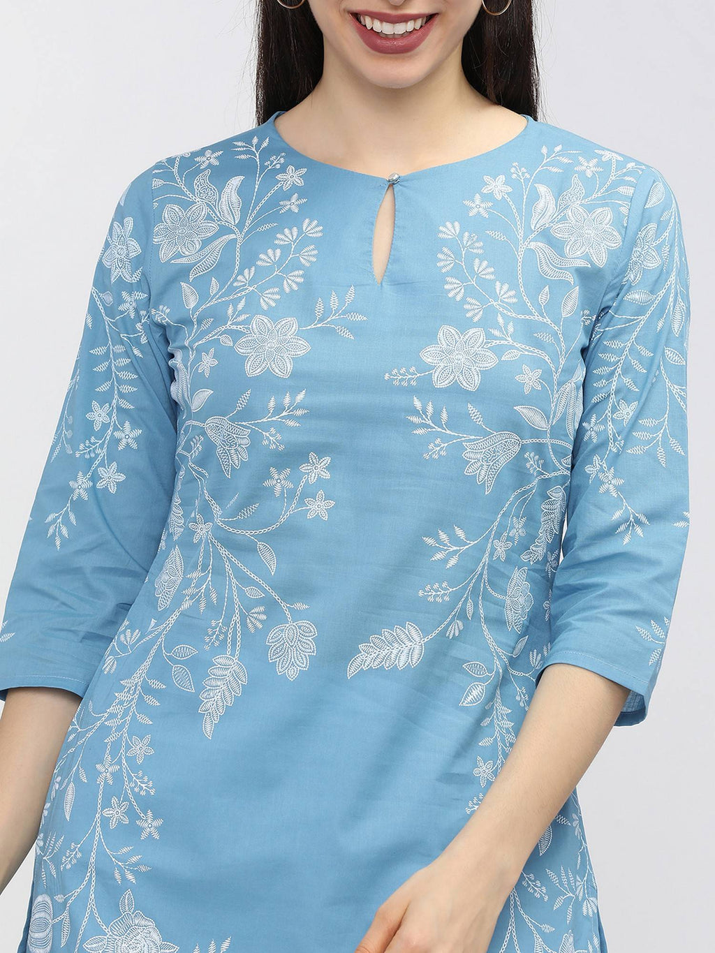 Women Blue Floral Printed Keyhole Neck Kurta | KDG - view 4