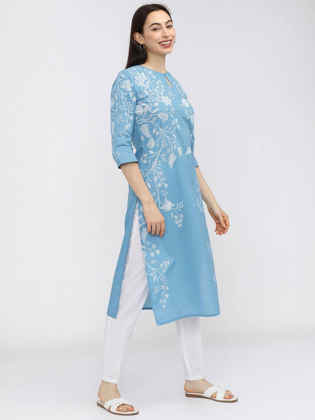 Women Blue Floral Printed Keyhole Neck Kurta | KDG - view 5