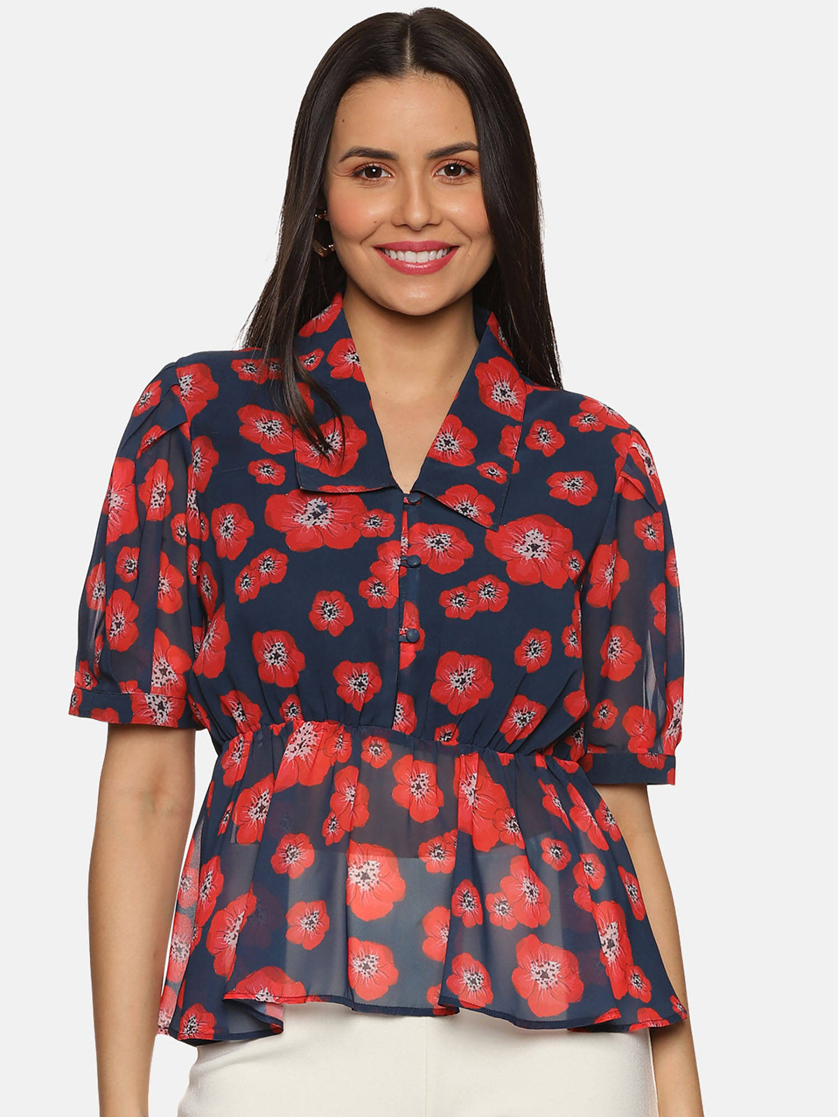 Floral Navy Blue Collared Peplum Top | pt51 - view 1