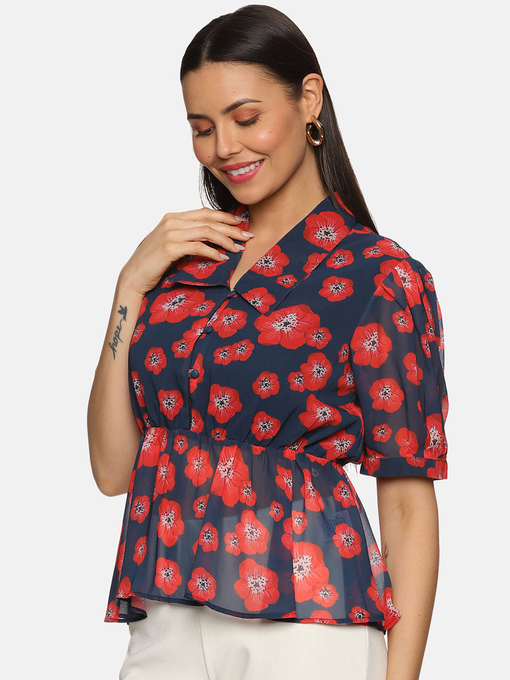 Floral Navy Blue Collared Peplum Top | pt51 - view 2