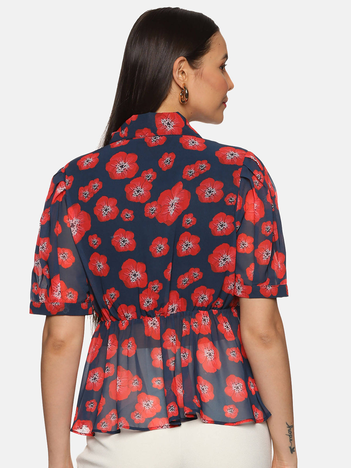 Floral Navy Blue Collared Peplum Top | pt51 - view 3