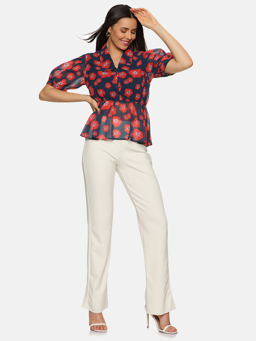 Floral Navy Blue Collared Peplum Top | pt51 - view 4