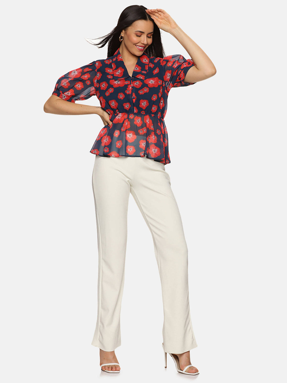 Floral Navy Blue Collared Peplum Top | pt51 - view 4