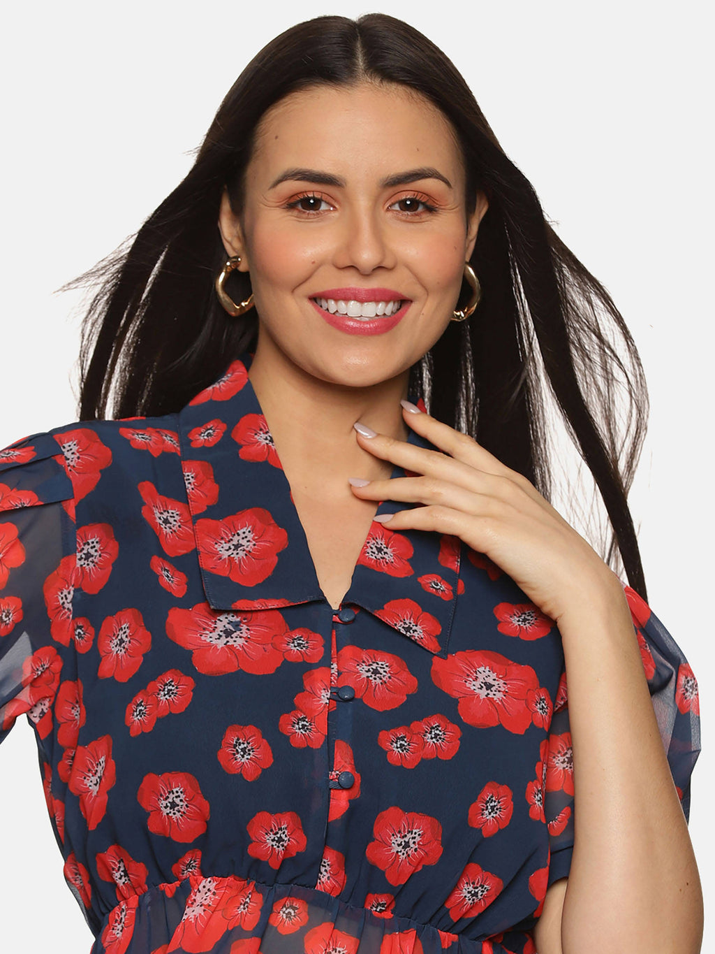 Floral Navy Blue Collared Peplum Top | pt51 - view 5